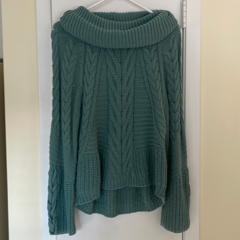 Sage green cowl neck sweater with cable knit detail by Express, size small